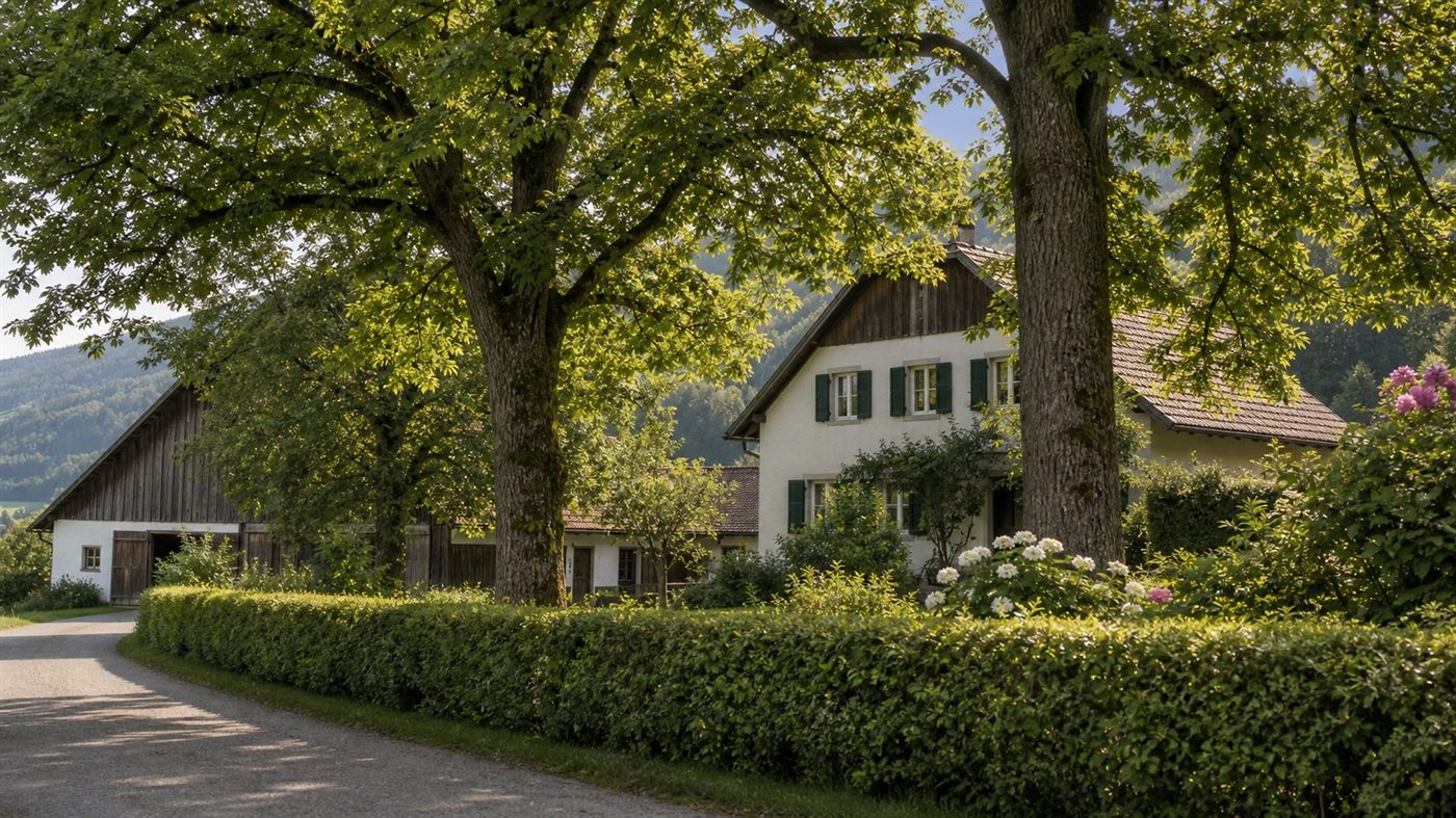 Diskret gelegene Hofstelle hinter Bäumen