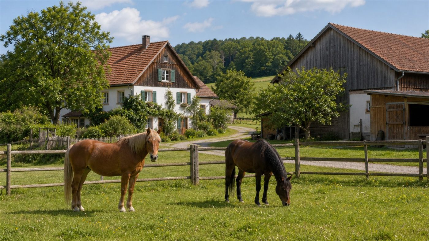 Haus mit Weidefläche und Pferden