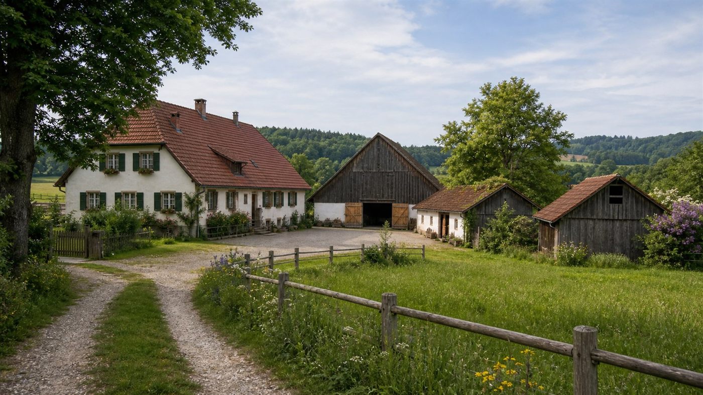 Hofstelle mit Scheune und Weidefläche
